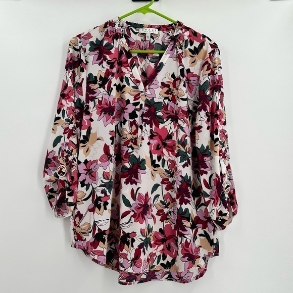 Chaus NY Aurora Petals Multicolor Floral Crepe Like Texture V Neck Top Large - Picture 1 of 10